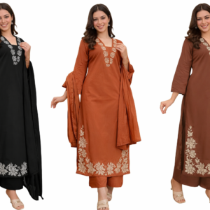 ANNI Designer Pure Cotton Embroidered Kurta Set for Women | Rust Orange Kurta with Pants & Dupatta | Floral Neck & Hem Embroidery | Cotton Kurta Set for Women | 10 Colour Options Available