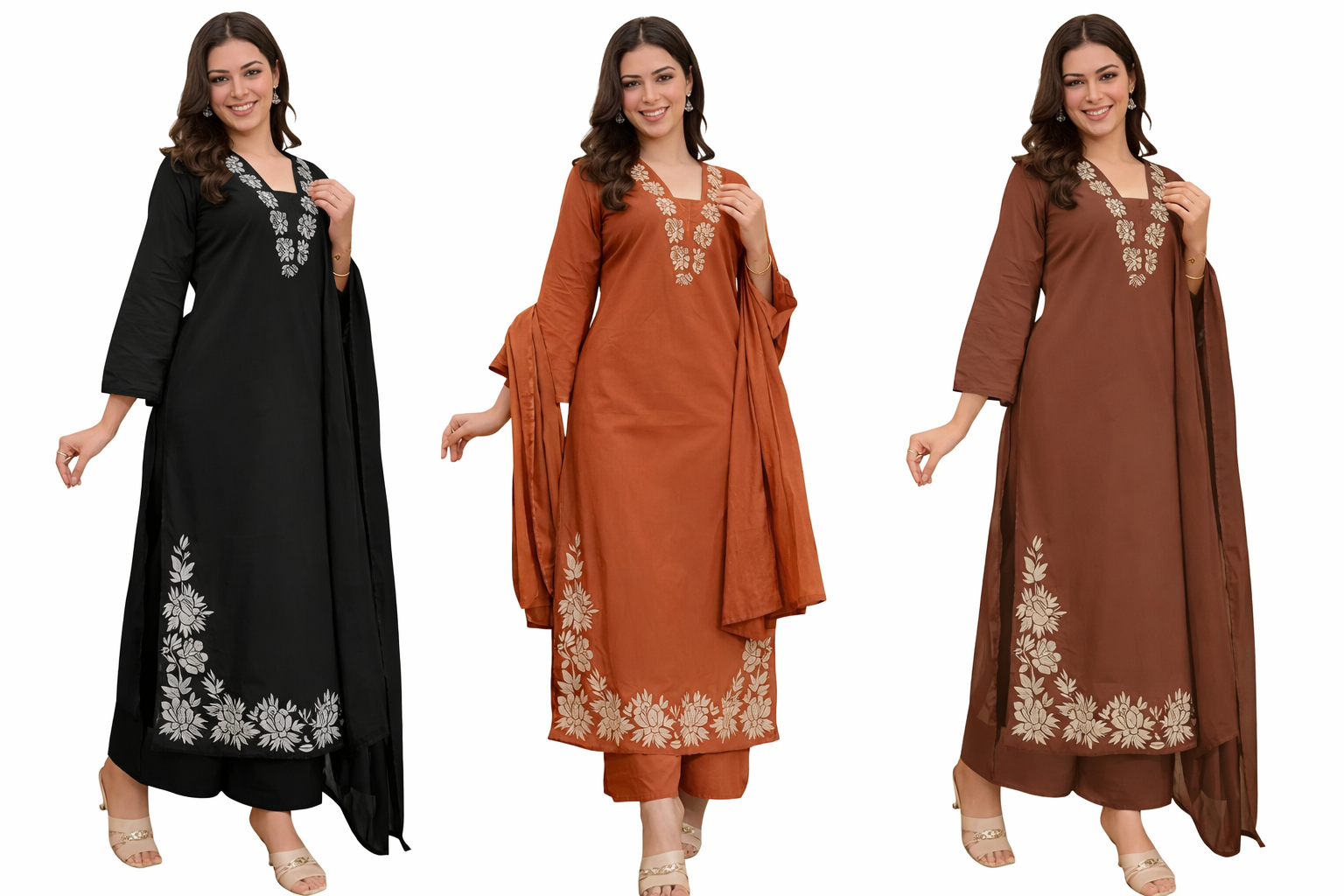 ANNI Designer Pure Cotton Embroidered Kurta Set for Women | Rust Orange Kurta with Pants & Dupatta | Floral Neck & Hem Embroidery | Cotton Kurta Set for Women | 10 Colour Options Available