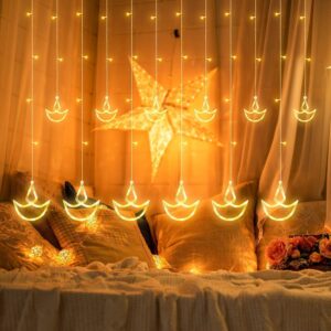 FLYNGO 12 Diya Diwali Curtain String LED Lights for Decoration, Window Lights with 8 Flashing Modes, Home Decoration for Diwali, Wedding, Party, Christmas, Balcony - Warm White (12 Diya)