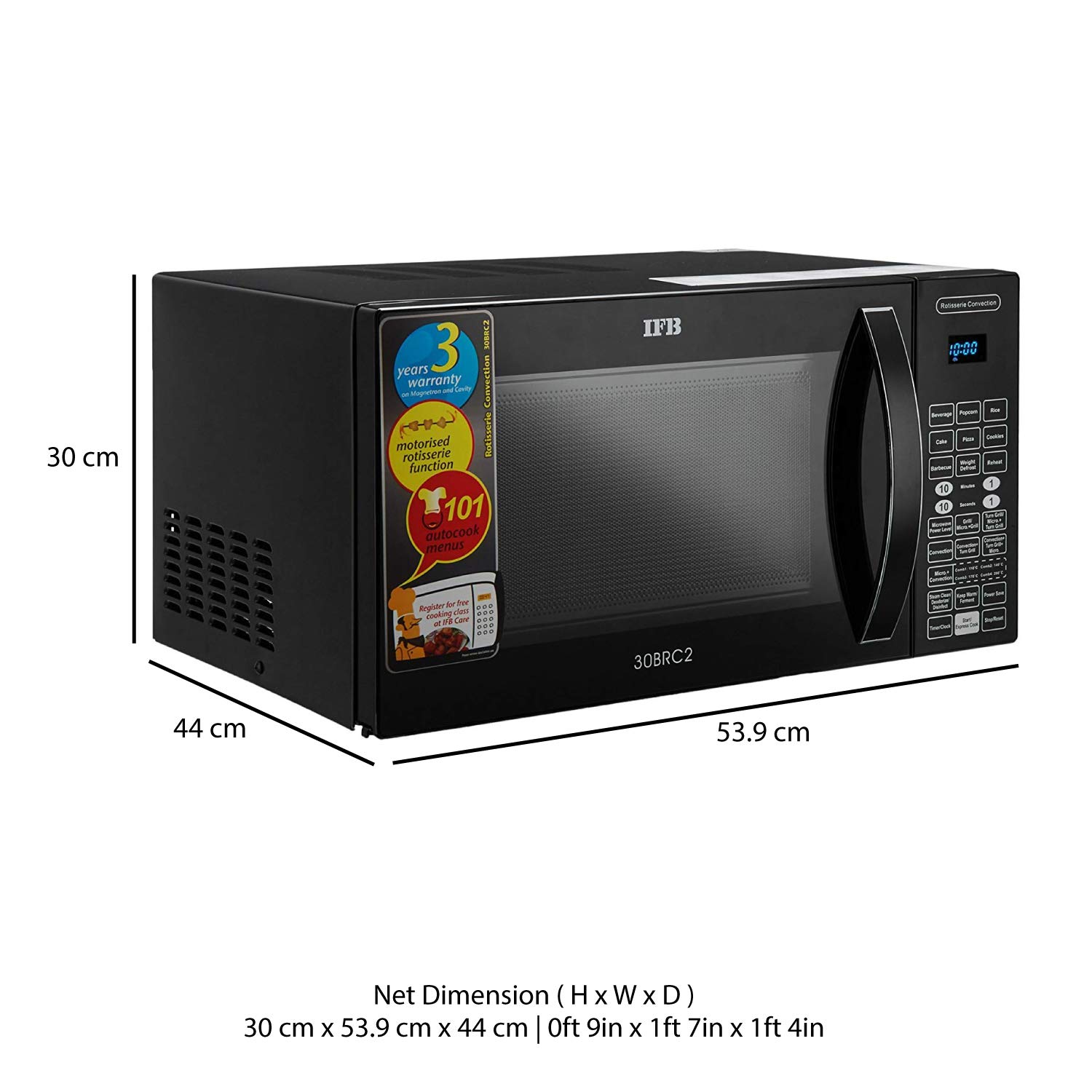 IFB 30L Convection Microwave Oven with 101 Standard Cook Menus (30BRC2, Black, 360 Degree Motorized Rotisserie, Weight Defrost, Steam Clean, Grill & 4 combi cook modes, 10 Power Levels) - Image 3