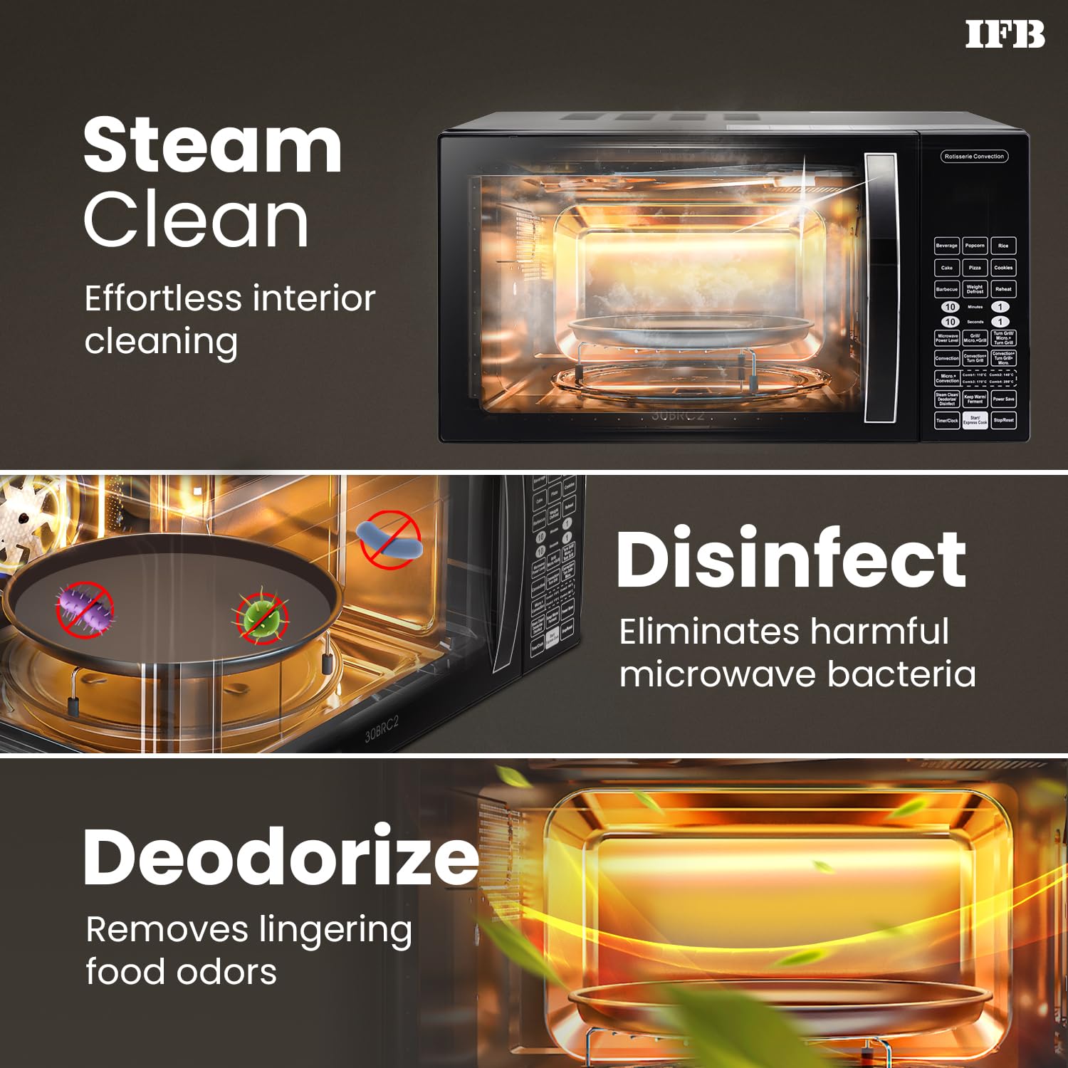 IFB 30L Convection Microwave Oven with 101 Standard Cook Menus (30BRC2, Black, 360 Degree Motorized Rotisserie, Weight Defrost, Steam Clean, Grill & 4 combi cook modes, 10 Power Levels) - Image 5