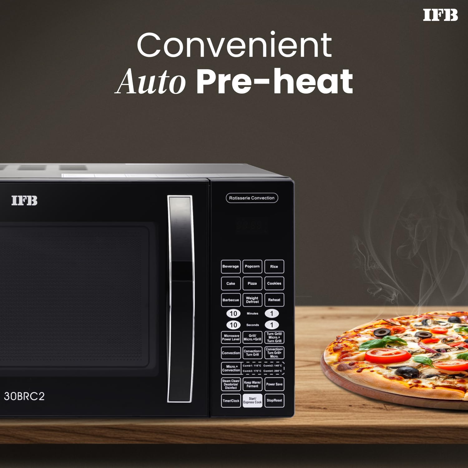 IFB 30L Convection Microwave Oven with 101 Standard Cook Menus (30BRC2, Black, 360 Degree Motorized Rotisserie, Weight Defrost, Steam Clean, Grill & 4 combi cook modes, 10 Power Levels) - Image 6