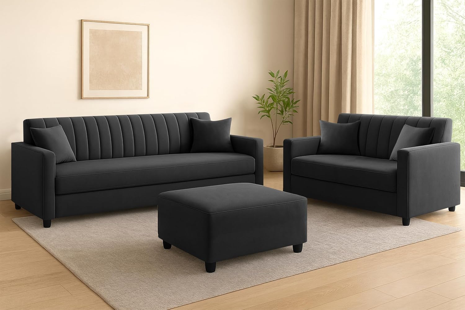 5 Seater Wooden Sofa Set (3+2) with Ottoman, Premium Velvet Fabric Comfortable & Stylish Sofa Set for Living Room, Home & Guest Room, Space Saving Design – Rose Pink - Image 2