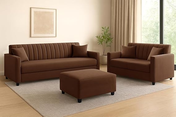 5 Seater Wooden Sofa Set (3+2) with Ottoman, Premium Velvet Fabric Comfortable & Stylish Sofa Set for Living Room, Home & Guest Room, Space Saving Design – Rose Pink - Image 3