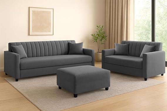 5 Seater Wooden Sofa Set (3+2) with Ottoman, Premium Velvet Fabric Comfortable & Stylish Sofa Set for Living Room, Home & Guest Room, Space Saving Design – Rose Pink - Image 4
